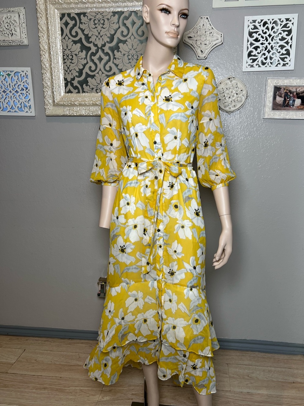 Banana Republic Yellow Floral Button-Front Midi Dress
